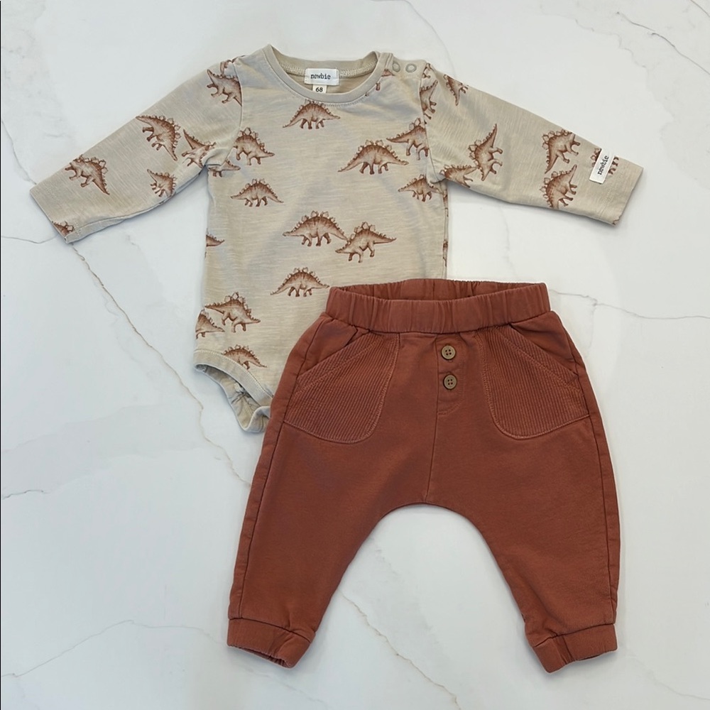 Newbie Baby Dinosaur Bodysuit and Pants Set. Size 4-6 mo.